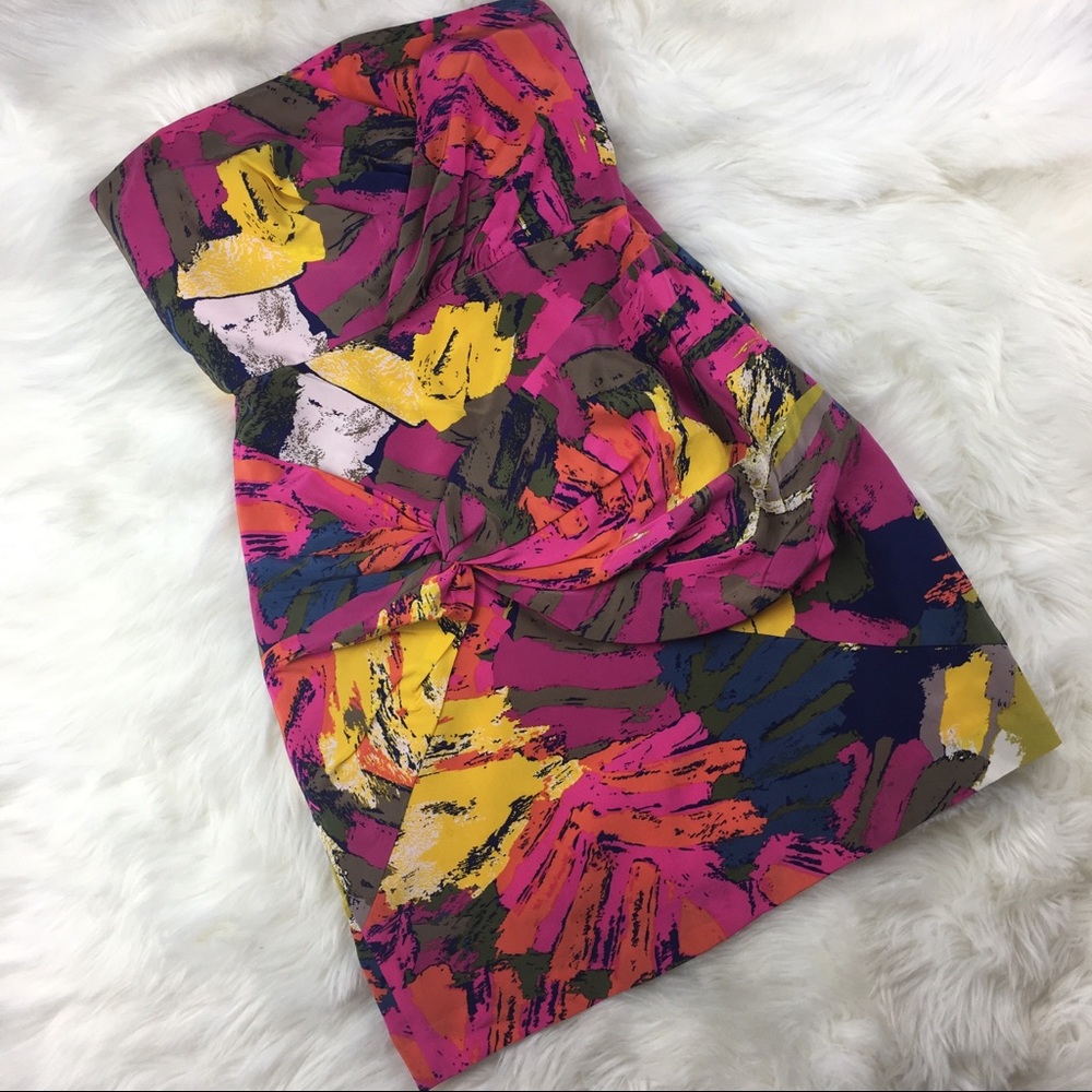 Tibi Pink Abstract Strapless Silk Dress 6